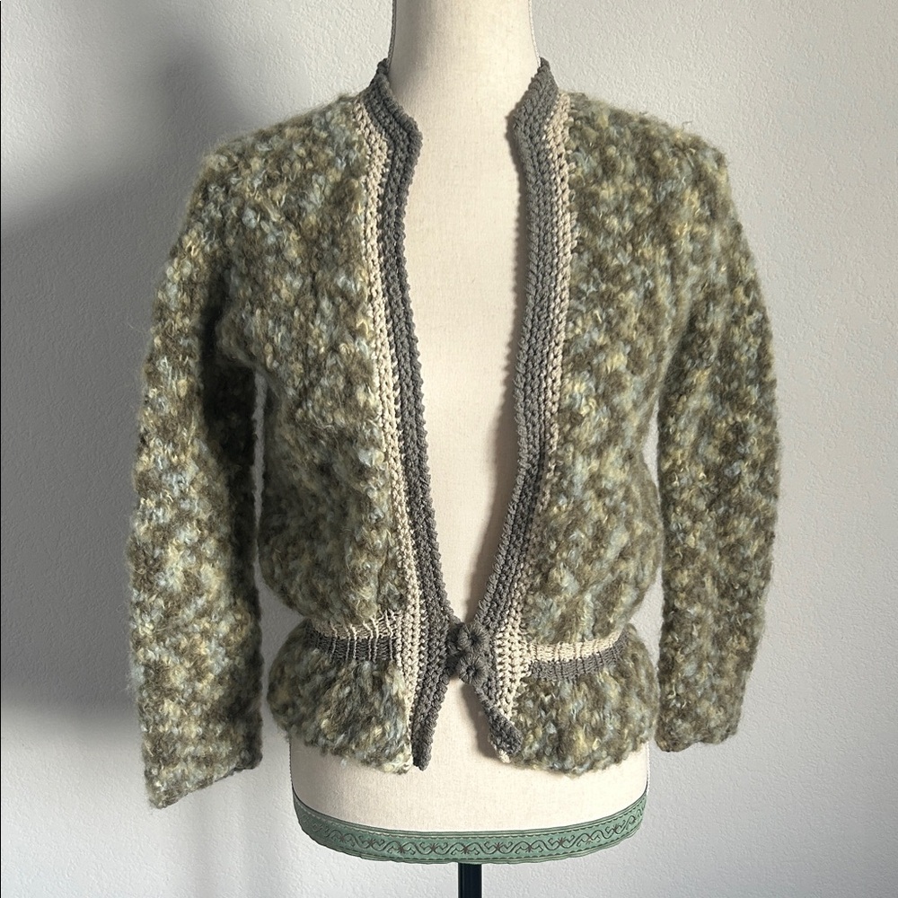 Handmade Cardigan  Green Mottled Knit & Crochet Wool Blend Sweater Sz S